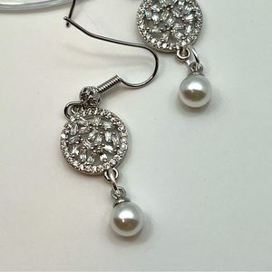 Rhinestone White Glass Silver Pearl Danity Dangle Earrings